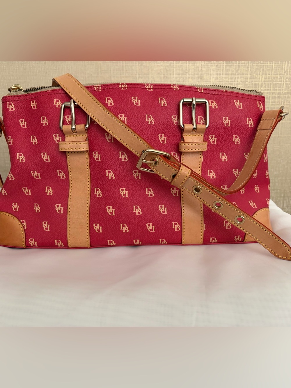 Dooney & Bourke Red Logo Shoulder Bag with Tan Trim